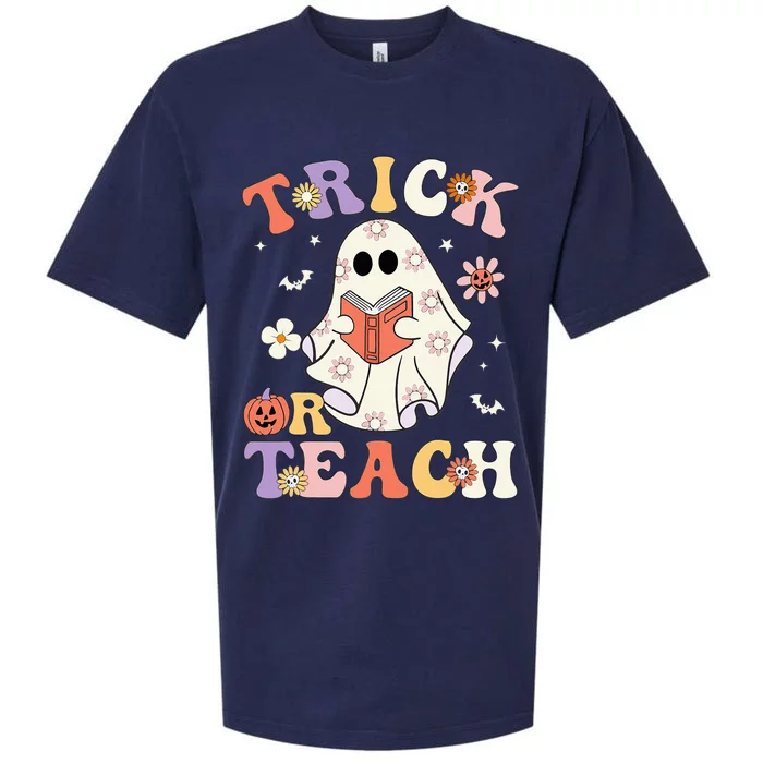 Groovy Teacher Halloween Trick Or Teach Retro Floral Ghost Sueded Cloud Jersey T-Shirt