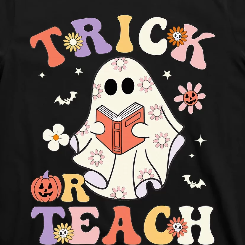 Groovy Teacher Halloween Trick Or Teach Retro Floral Ghost T-Shirt