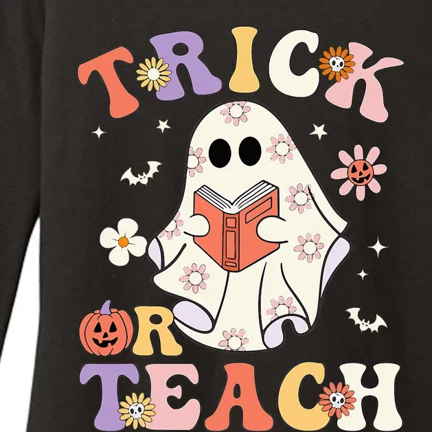 Groovy Teacher Halloween Trick Or Teach Retro Floral Ghost Womens CVC Long Sleeve Shirt