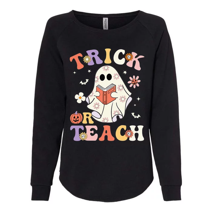 Groovy Teacher Halloween Trick Or Teach Retro Floral Ghost Womens California Wash Sweatshirt