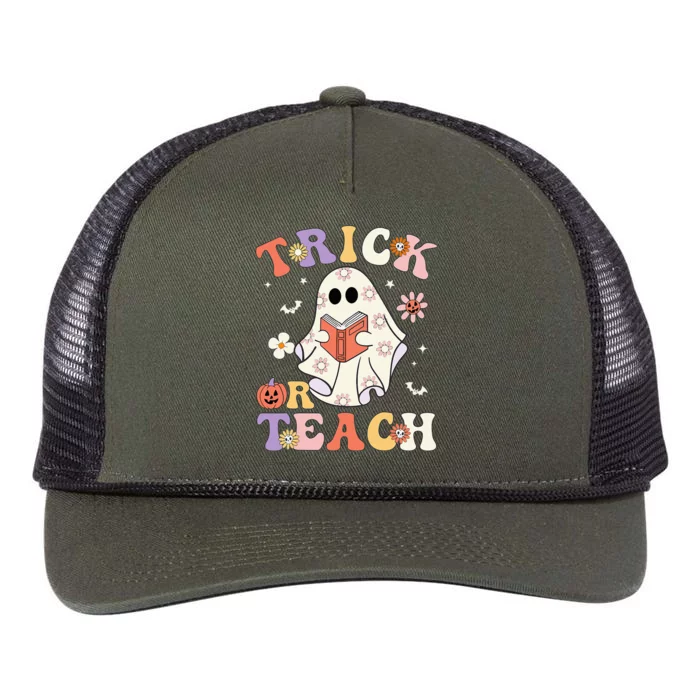 Groovy Teacher Halloween Trick Or Teach Retro Floral Ghost Retro Rope Trucker Hat Cap