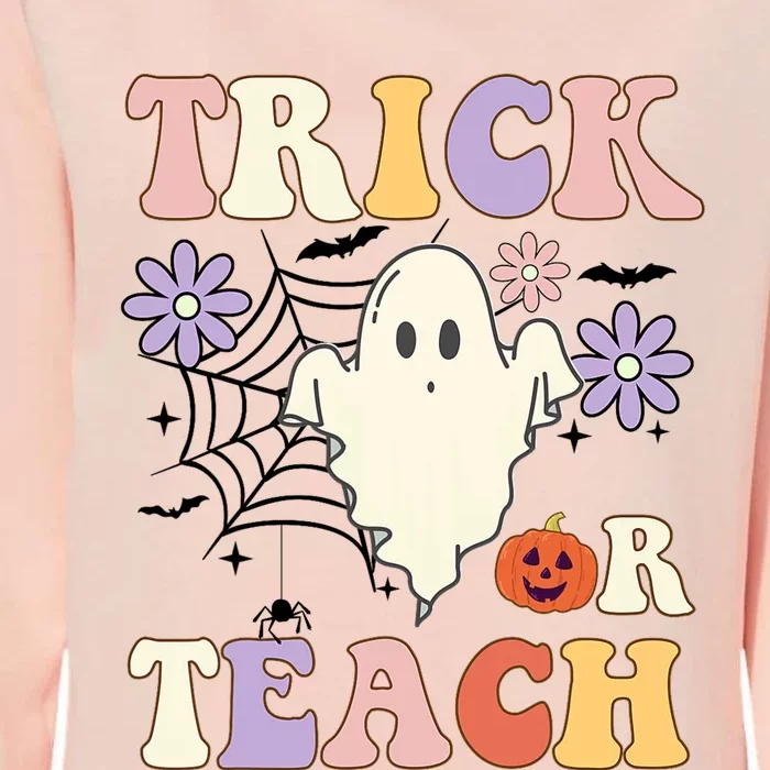 Groovy Teacher Halloween Trick Or Teach Retro Floral Ghost Womens California Wash Sweatshirt