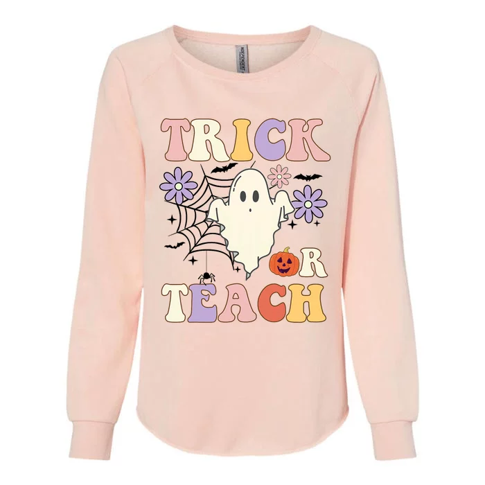 Groovy Teacher Halloween Trick Or Teach Retro Floral Ghost Womens California Wash Sweatshirt