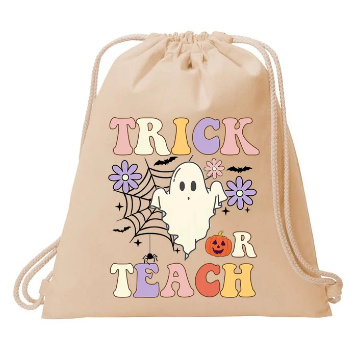 Groovy Teacher Halloween Trick Or Teach Retro Floral Ghost Drawstring Bag