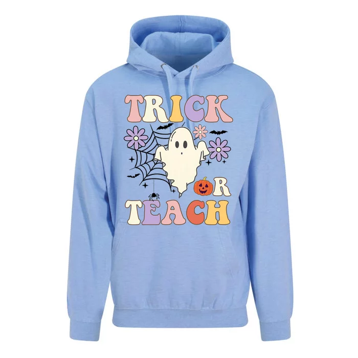 Groovy Teacher Halloween Trick Or Teach Retro Floral Ghost Unisex Surf Hoodie