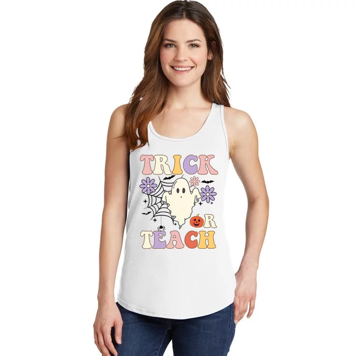 Groovy Teacher Halloween Trick Or Teach Retro Floral Ghost Ladies Essential Tank