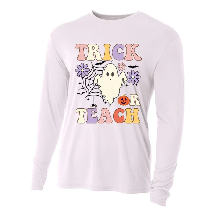 Groovy Teacher Halloween Trick Or Teach Retro Floral Ghost Cooling Performance Long Sleeve Crew