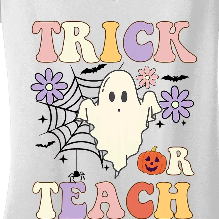 Groovy Teacher Halloween Trick Or Teach Retro Floral Ghost Women's V-Neck T-Shirt