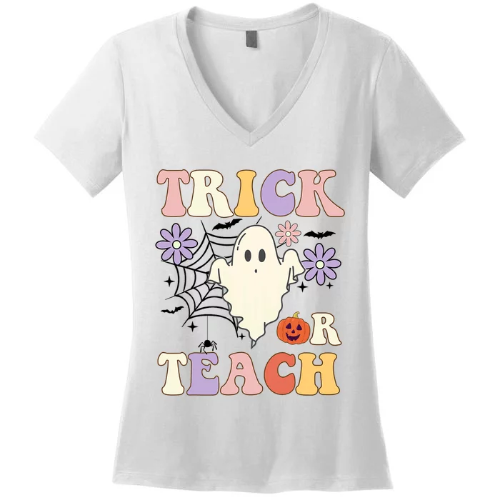 Groovy Teacher Halloween Trick Or Teach Retro Floral Ghost Women's V-Neck T-Shirt