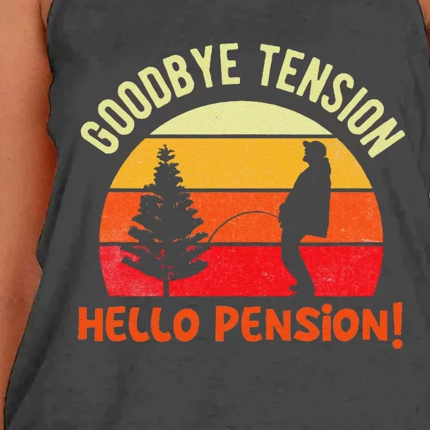 Goodbye Tension Hello Pension Funny Retirement Appreciation Women's Knotted Racerback Tank