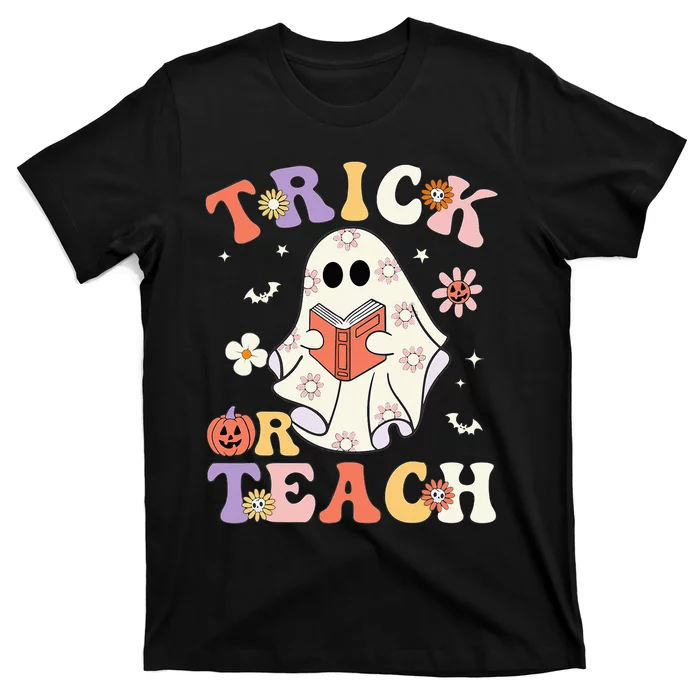 Groovy Teacher Halloween Trick Or Teach Retro Floral Ghost T-Shirt