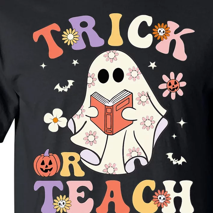 Groovy Teacher Halloween Trick Or Teach Retro Floral Ghost Tall T-Shirt