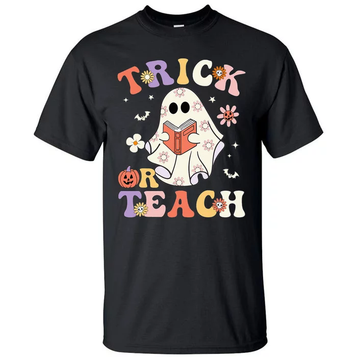 Groovy Teacher Halloween Trick Or Teach Retro Floral Ghost Tall T-Shirt