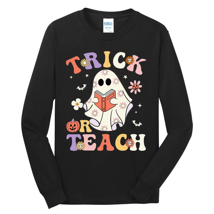 Groovy Teacher Halloween Trick Or Teach Retro Floral Ghost Tall Long Sleeve T-Shirt