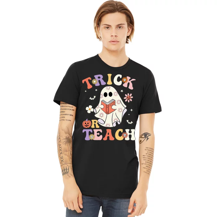 Groovy Teacher Halloween Trick Or Teach Retro Floral Ghost Premium T-Shirt