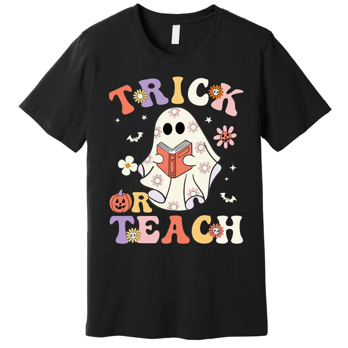 Groovy Teacher Halloween Trick Or Teach Retro Floral Ghost Premium T-Shirt