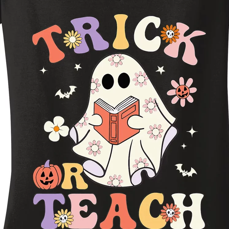 Groovy Teacher Halloween Trick Or Teach Retro Floral Ghost Women's V-Neck T-Shirt