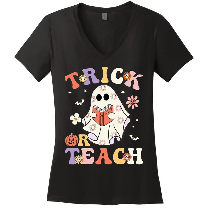 Groovy Teacher Halloween Trick Or Teach Retro Floral Ghost Women's V-Neck T-Shirt