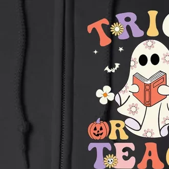 Groovy Teacher Halloween Trick Or Teach Retro Floral Ghost Full Zip Hoodie