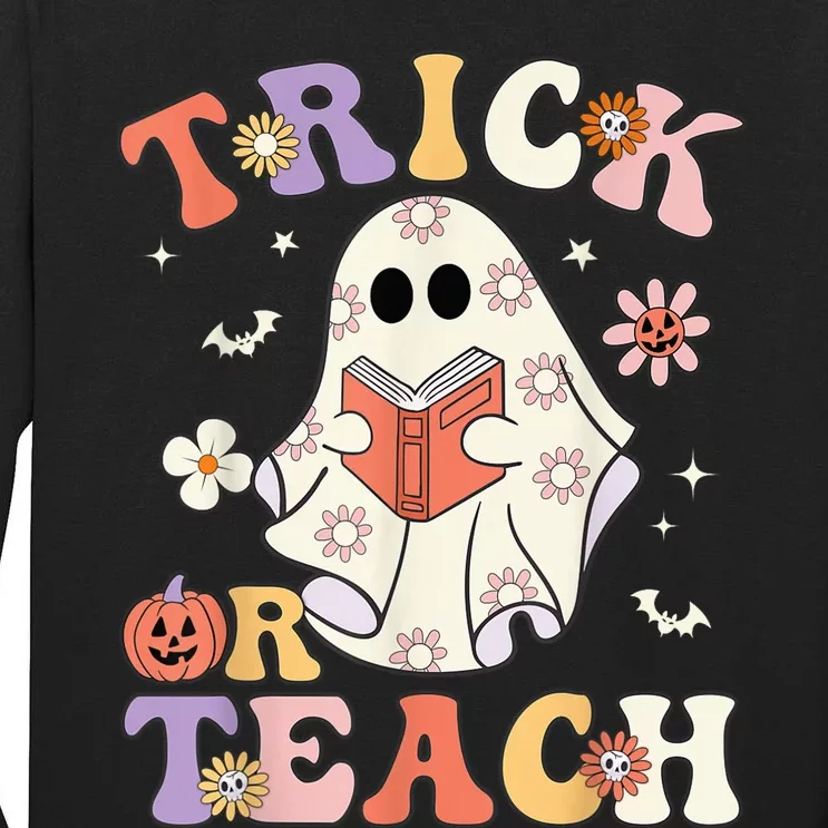 Groovy Teacher Halloween Trick or Teach Retro Floral Ghost Tall Long Sleeve T-Shirt