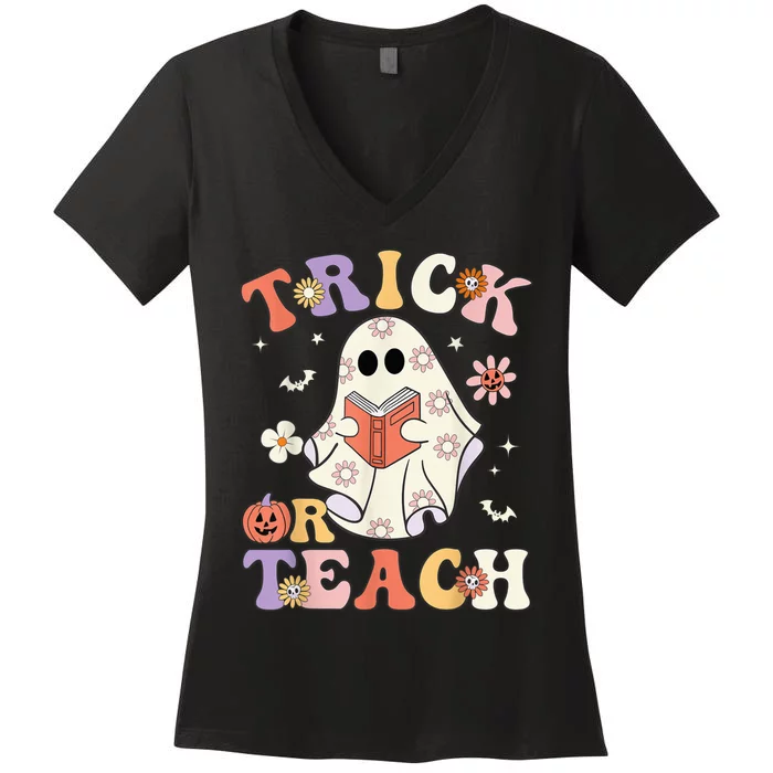 Groovy Teacher Halloween Trick or Teach Retro Floral Ghost Women's V-Neck T-Shirt