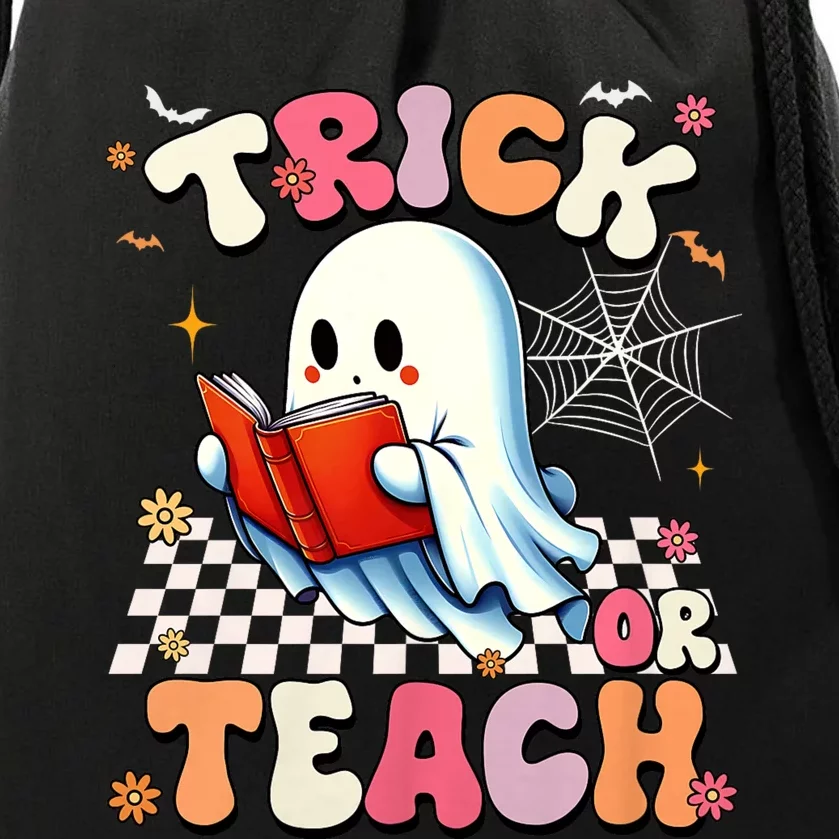 Groovy Teacher Halloween Retro Trick Or Teach Floral Ghost Drawstring Bag