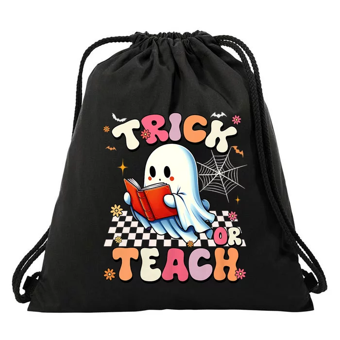 Groovy Teacher Halloween Retro Trick Or Teach Floral Ghost Drawstring Bag