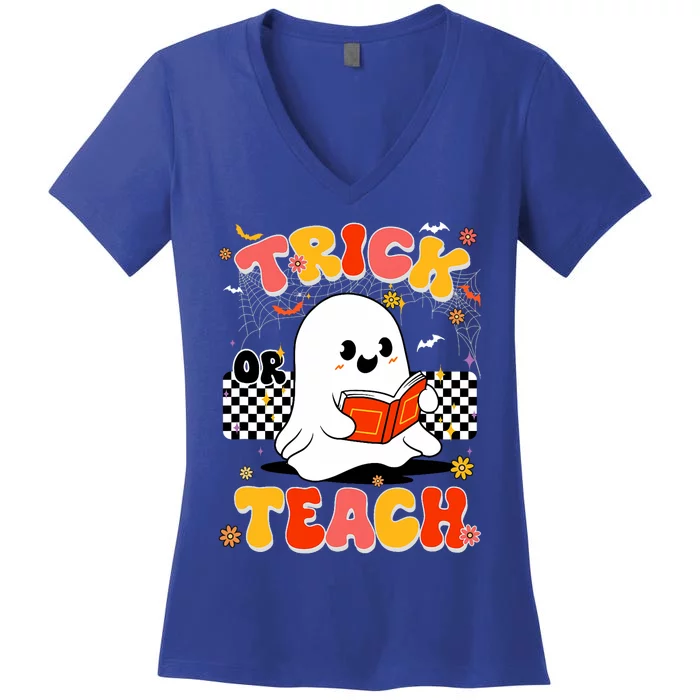 Groovy Teacher Halloween Retro Trick Or Teach Floral Ghost Women's V-Neck T-Shirt