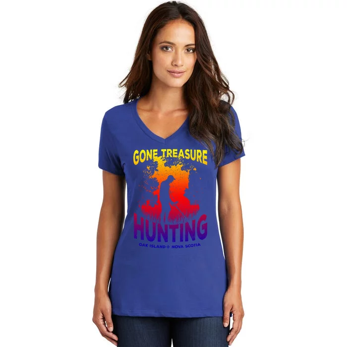 Gone Treasure Hunting Oak Island Funny Retro Metal Detector Cool Gift Women's V-Neck T-Shirt