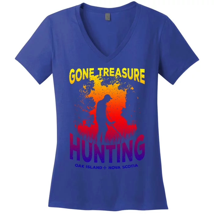 Gone Treasure Hunting Oak Island Funny Retro Metal Detector Cool Gift Women's V-Neck T-Shirt