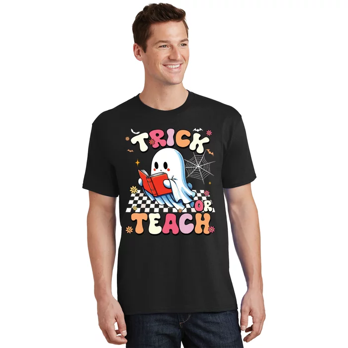 Groovy Teacher Halloween Retro Trick Or Teach Floral Ghost T-Shirt