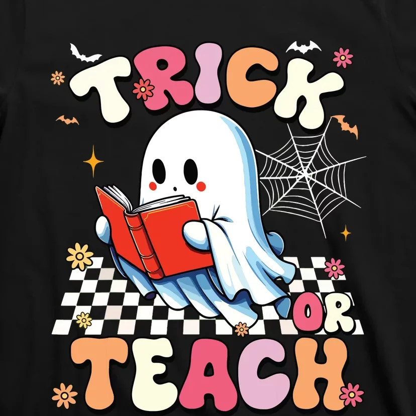 Groovy Teacher Halloween Retro Trick Or Teach Floral Ghost T-Shirt