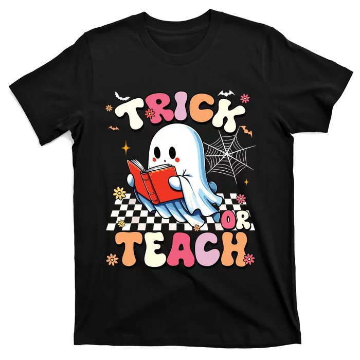 Groovy Teacher Halloween Retro Trick Or Teach Floral Ghost T-Shirt