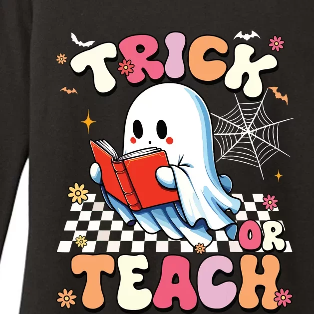 Groovy Teacher Halloween Retro Trick Or Teach Floral Ghost Womens CVC Long Sleeve Shirt