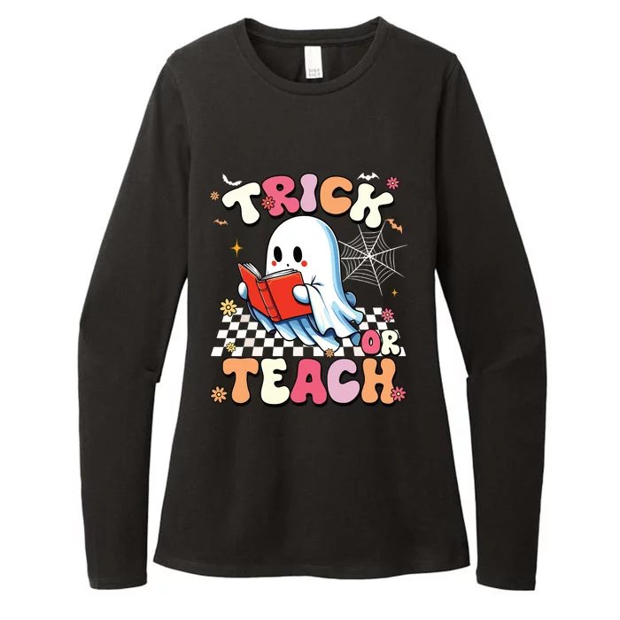 Groovy Teacher Halloween Retro Trick Or Teach Floral Ghost Womens CVC Long Sleeve Shirt