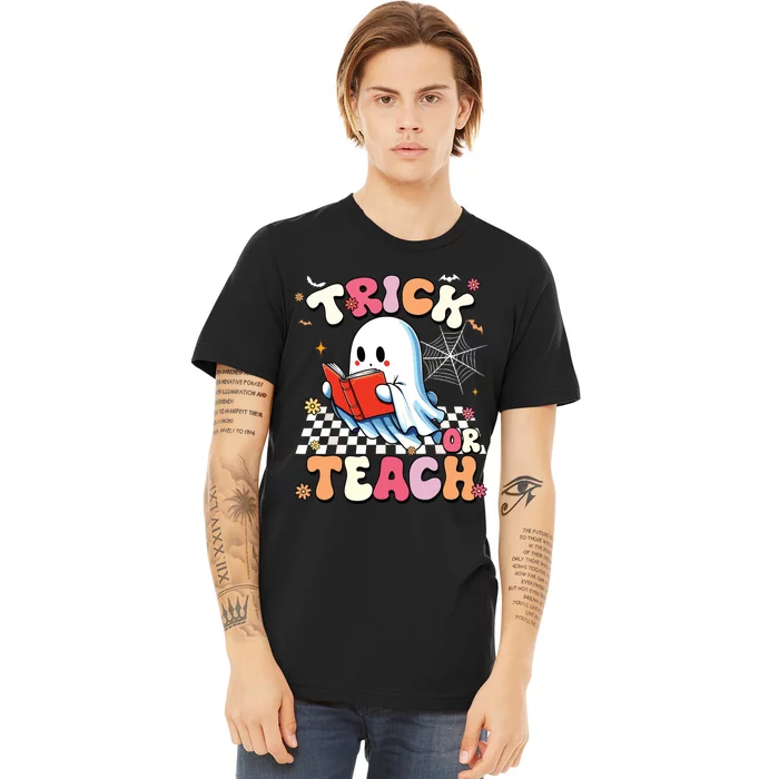 Groovy Teacher Halloween Retro Trick Or Teach Floral Ghost Premium T-Shirt