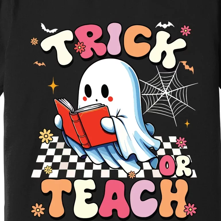 Groovy Teacher Halloween Retro Trick Or Teach Floral Ghost Premium T-Shirt