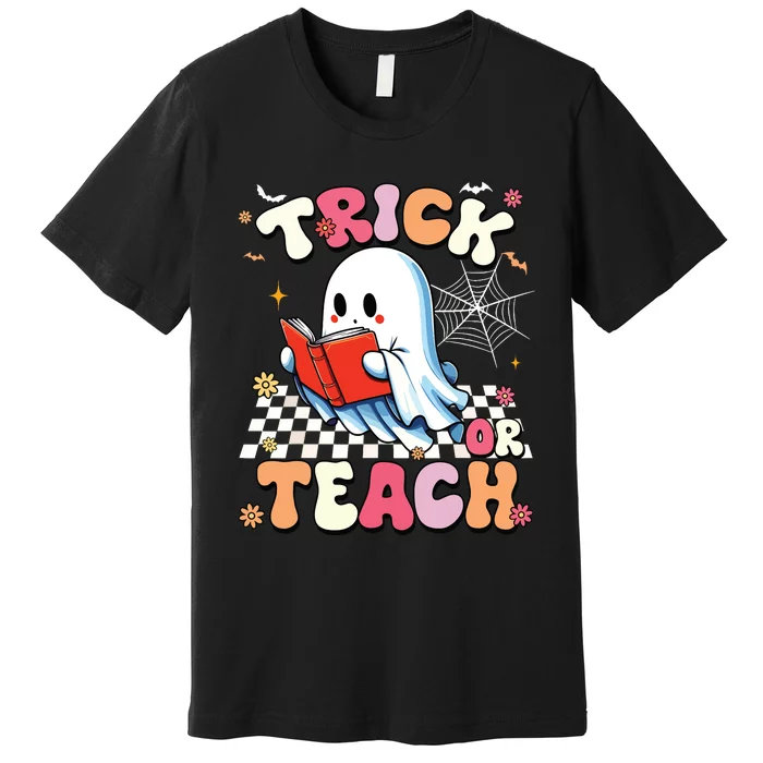 Groovy Teacher Halloween Retro Trick Or Teach Floral Ghost Premium T-Shirt