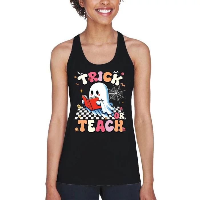 Groovy Teacher Halloween Retro Trick Or Teach Floral Ghost Women's Racerback Tank