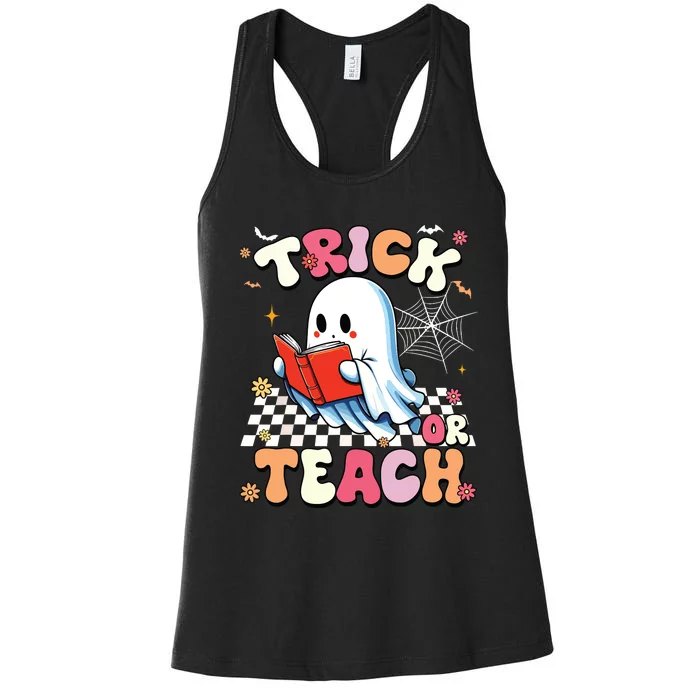 Groovy Teacher Halloween Retro Trick Or Teach Floral Ghost Women's Racerback Tank