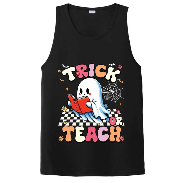 Groovy Teacher Halloween Retro Trick Or Teach Floral Ghost Performance Tank