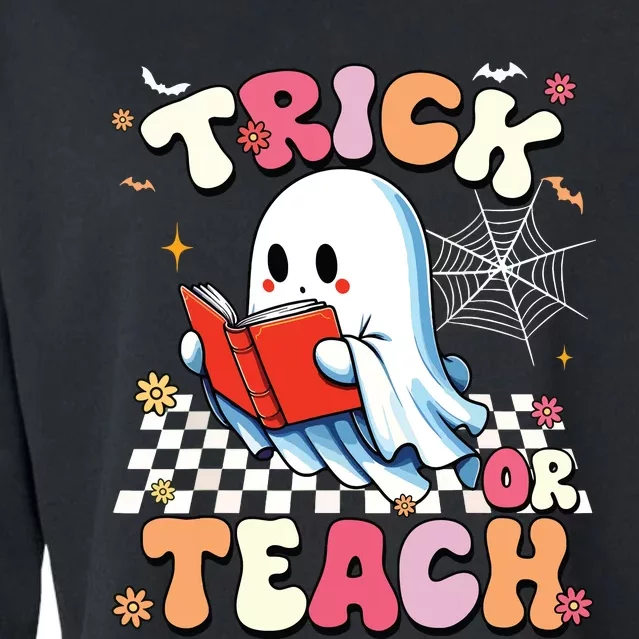 Groovy Teacher Halloween Retro Trick Or Teach Floral Ghost Cropped Pullover Crew