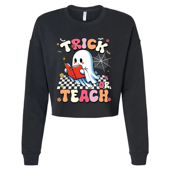 Groovy Teacher Halloween Retro Trick Or Teach Floral Ghost Cropped Pullover Crew