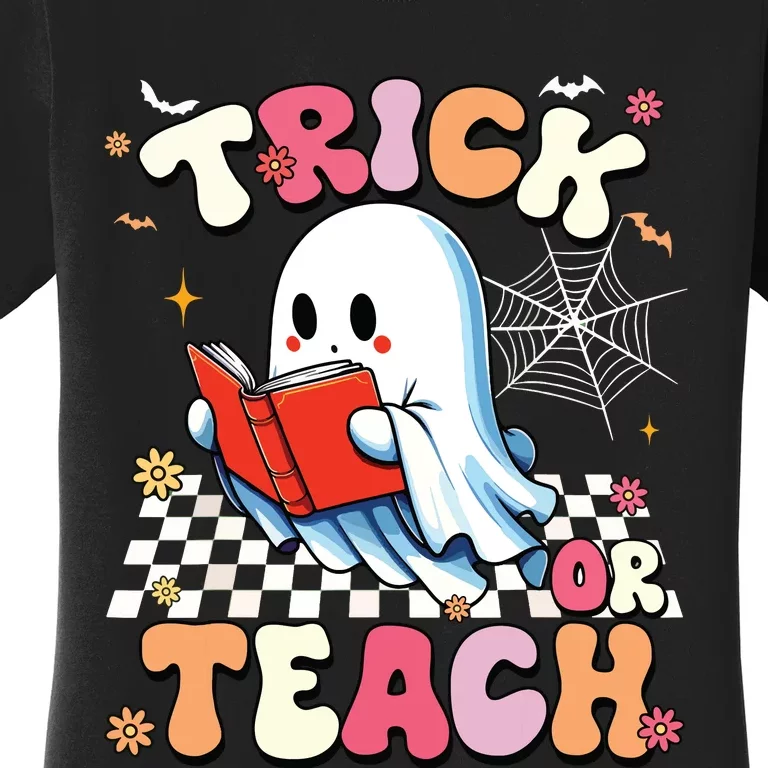 Groovy Teacher Halloween Retro Trick Or Teach Floral Ghost Women's T-Shirt