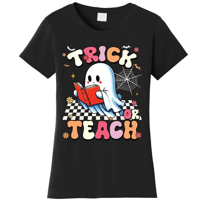 Groovy Teacher Halloween Retro Trick Or Teach Floral Ghost Women's T-Shirt