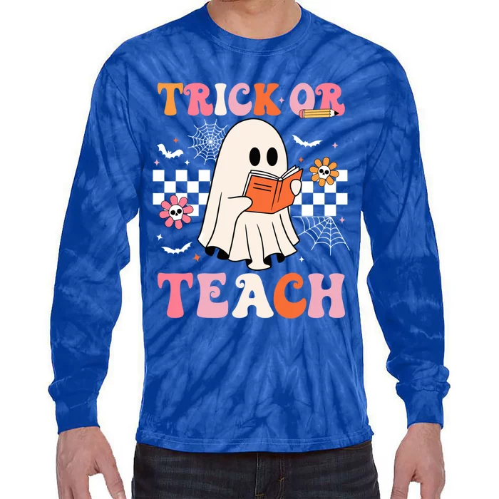 Groovy Teacher Halloween Retro Trick Or Teach Floral Ghost Cool Gift Tie-Dye Long Sleeve Shirt