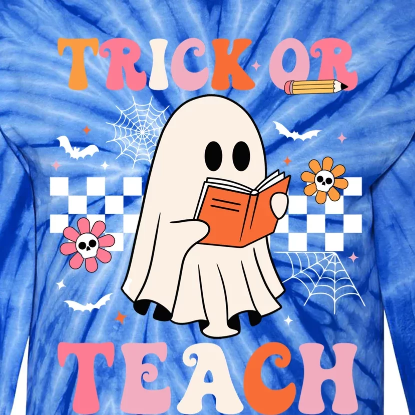 Groovy Teacher Halloween Retro Trick Or Teach Floral Ghost Cool Gift Tie-Dye Long Sleeve Shirt