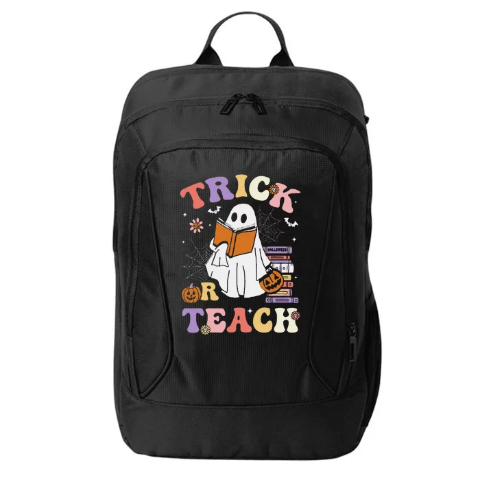 Groovy Teacher Halloween Retro Trick Or Teach Ghost Reading City Backpack