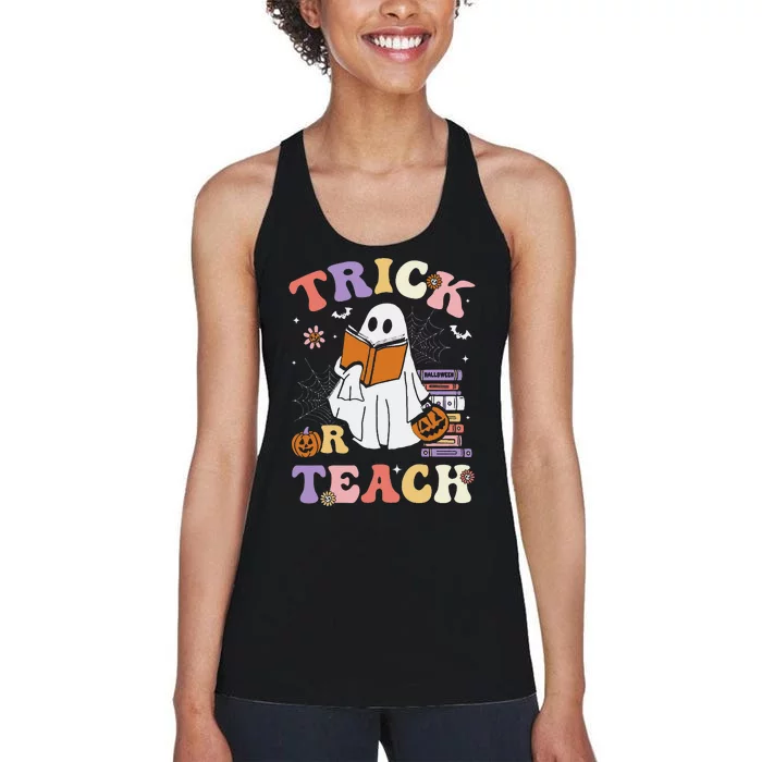 Groovy Teacher Halloween Retro Trick Or Teach Ghost Reading Women's Racerback Tank