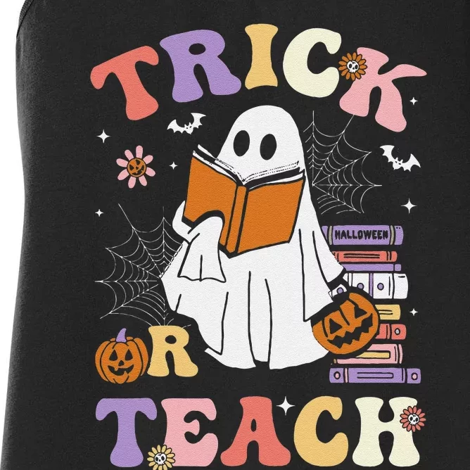 Groovy Teacher Halloween Retro Trick Or Teach Ghost Reading Women's Racerback Tank